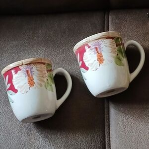 Home Trends Hibiscus And Bamboo Coffee Cups Mugs Burgundy, Green, Cream 2